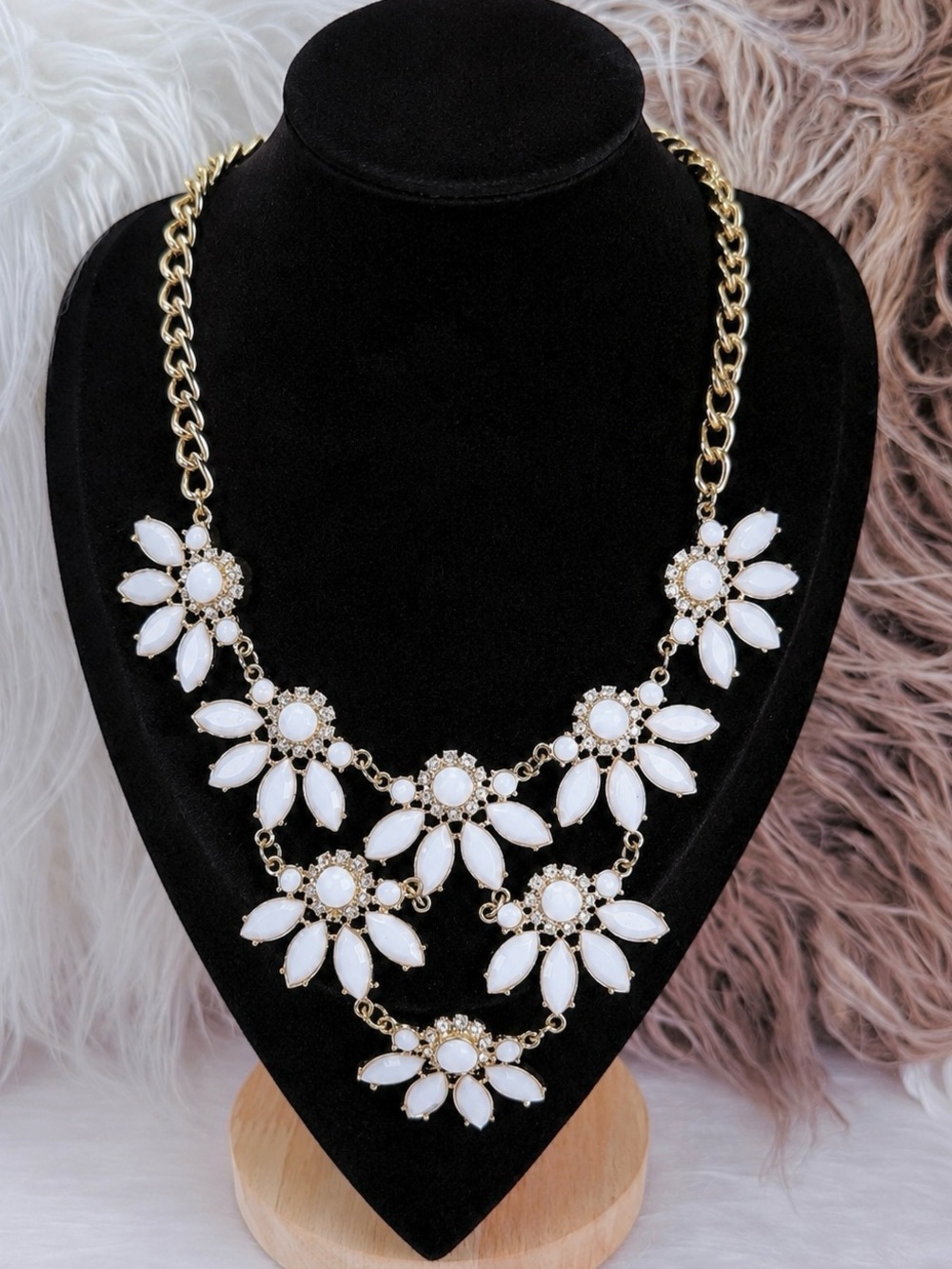 Vintage goldtone white statement bib necklace